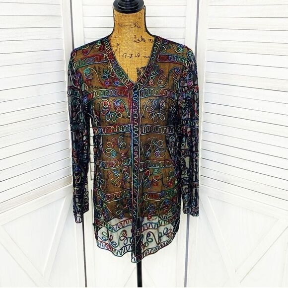 Jeannie Rainbow Embroidered Sheer Button Front Cardigan Shirt Black Medium - Picture 1 of 15